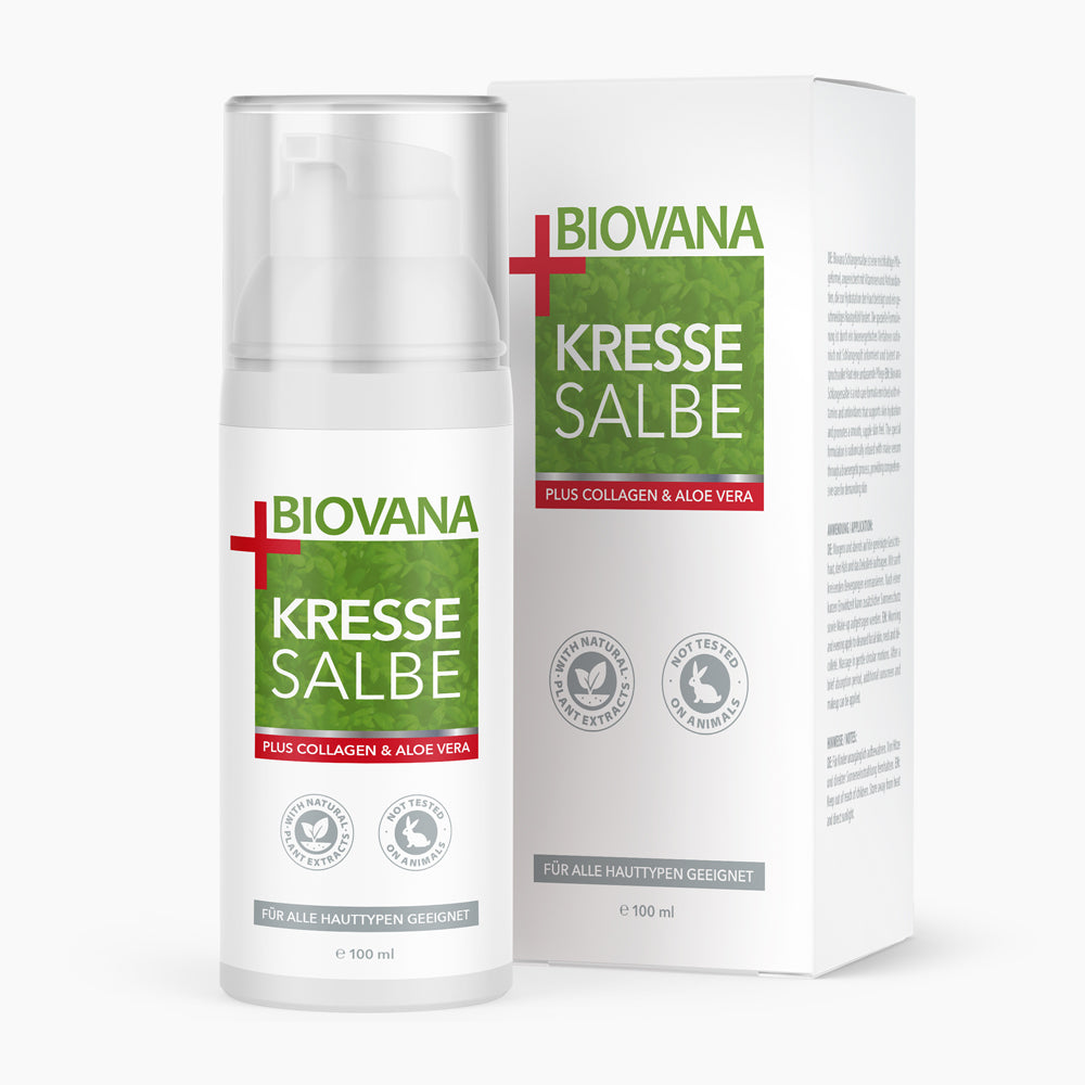 Flasche mit Pumpspender Biovana Kresse Salbe 100 ml vor passender Faltschachtel