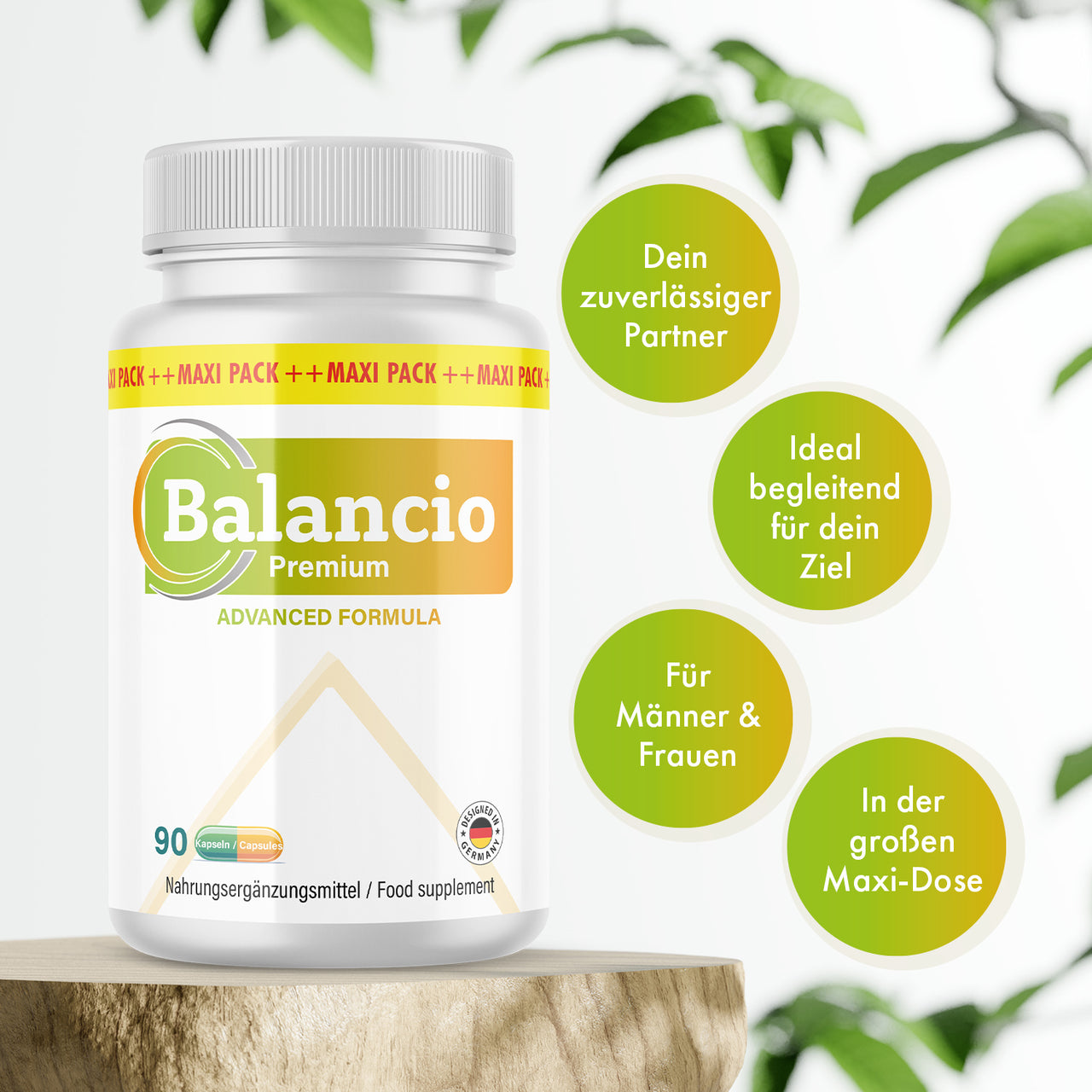 Balancio Premium Advanced Formula Maxi Dose mit 90 Kapseln und grünen Hinweisgrafiken