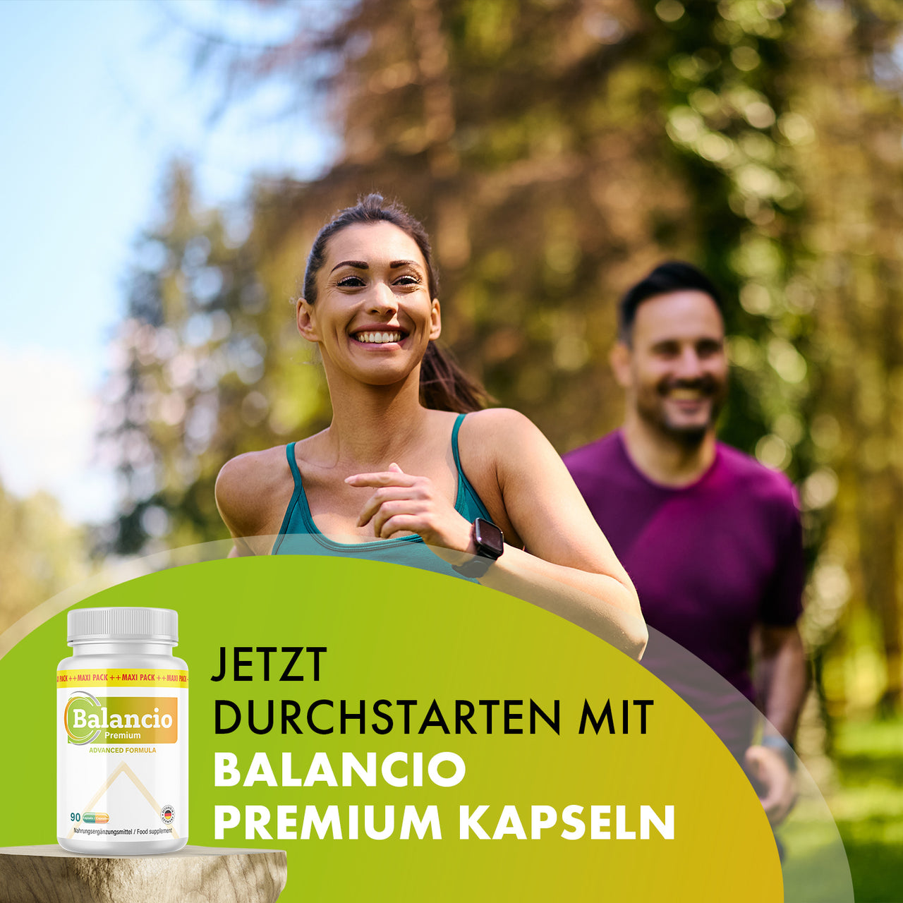 Joggende Frau und Mann im Park mit Balancio Premium Dose und Text Jetzt durchstarten