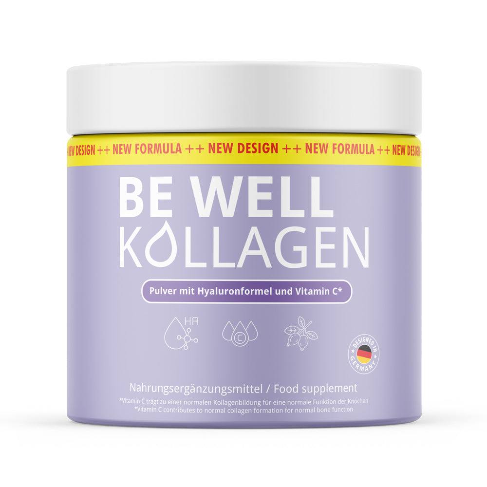 Weiße Kunststoffdose mit violettem Etikett Be Well Kollagen Pulver mit Hyaluronformel und Vitamin C, 300 g