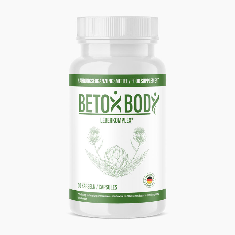Weiße Kunststoffdose mit grünem Etikett Betox Body Leberkomplex, 60 Kapseln