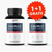 Thumbnail for Zwei schwarze CALMzzz Gute Nacht Dosen mit 60-Fruchtgummis-Hinweis und rotem Aktionssiegel
