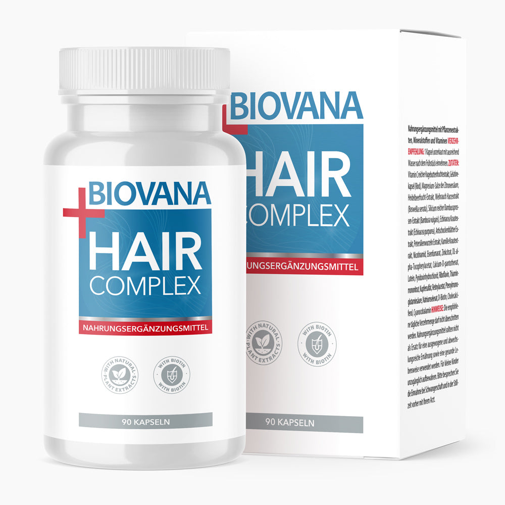 Weiße Kunststoffdose mit Etikett Biovana Hair Complex, 90 Kapseln vor passender Faltschachtel