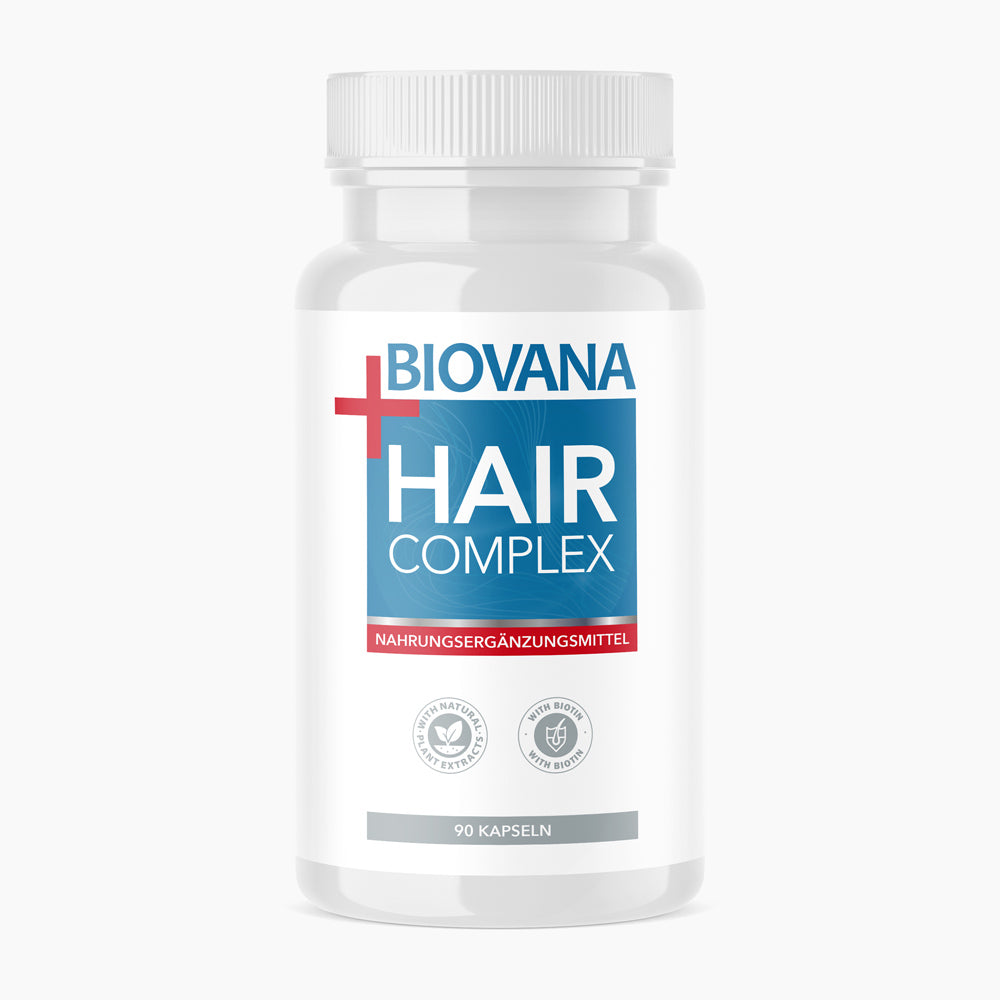 Weiße Kunststoffdose mit blauem Etikett Biovana Hair Complex, 90 Kapseln