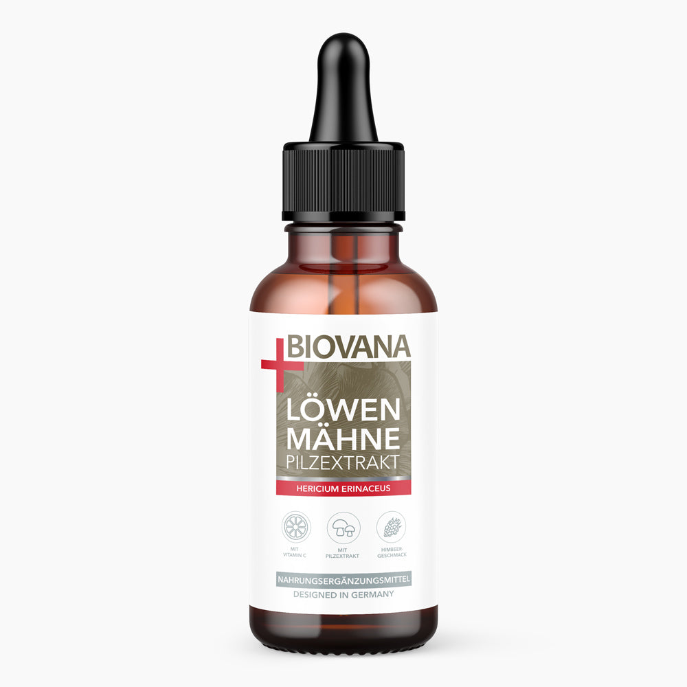 Biovana Löwenmähne Pilzextrakt 30 ml in brauner Flasche mit schwarzer Pipette und Etikett