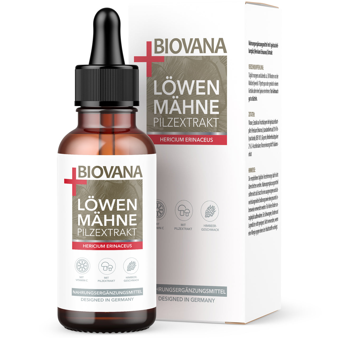 Braune Flasche mit Pipette und Etikett Biovana Löwenmähne Pilzextrakt 30 ml vor passender Faltschachtel