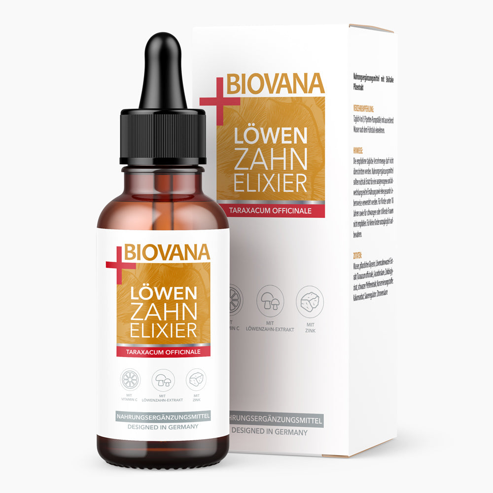 Braune Flasche mit Pipette und Etikett Biovana Löwenzahn Elixier 100 ml vor passender Faltschachtel