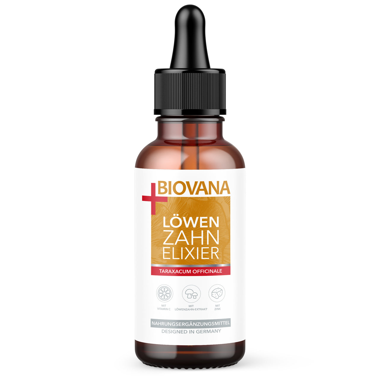 Flasche mit Pipette Biovana Löwenzahn Elixier 100 ml mit gelbem Etikett und rotem Schriftfeld