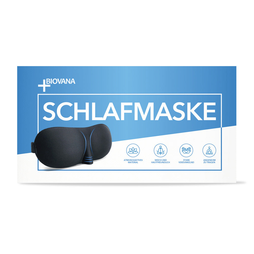 Verpackung Biovana Schlafmaske in Blau mit schwarzer Maske und Icons zu Produkteigenschaften
