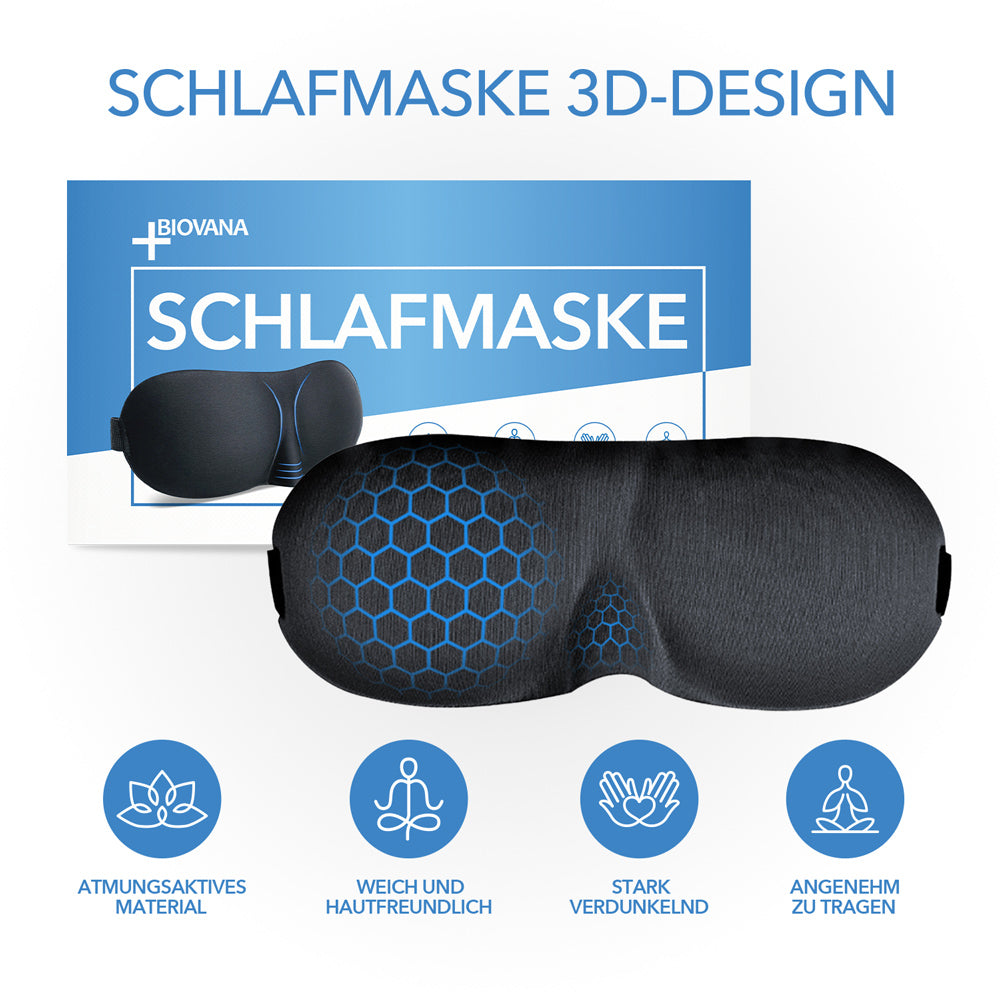 Schwarze Schlafmaske mit blauem Muster vor Verpackung und vier Symbolen mit Text