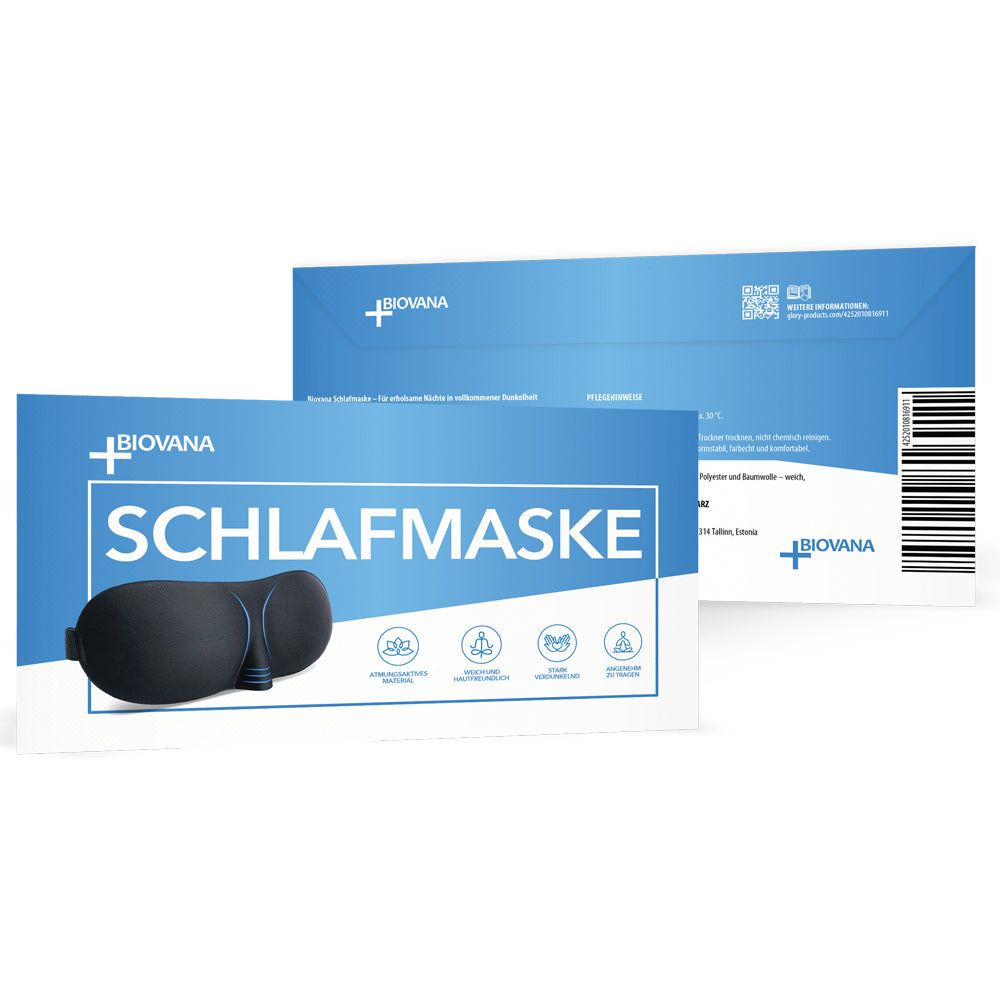 Verpackung Biovana Schlafmaske in Blau mit Abbildung schwarzer Maske und Produktinfos