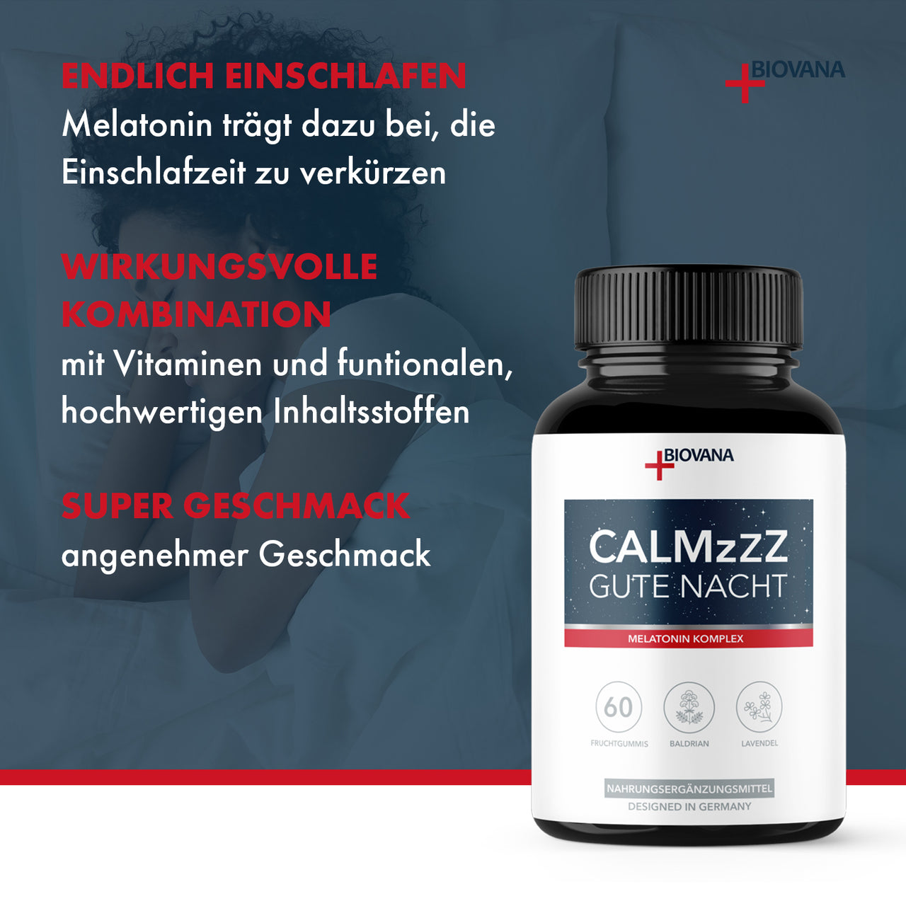 CALMzzz Gute Nacht Dose neben Textblöcken zu Melatonin, Kombination und Geschmack auf blauem Grund
