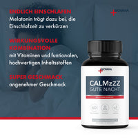 Thumbnail for CALMzzz Gute Nacht Dose neben Textblöcken zu Melatonin, Kombination und Geschmack auf blauem Grund
