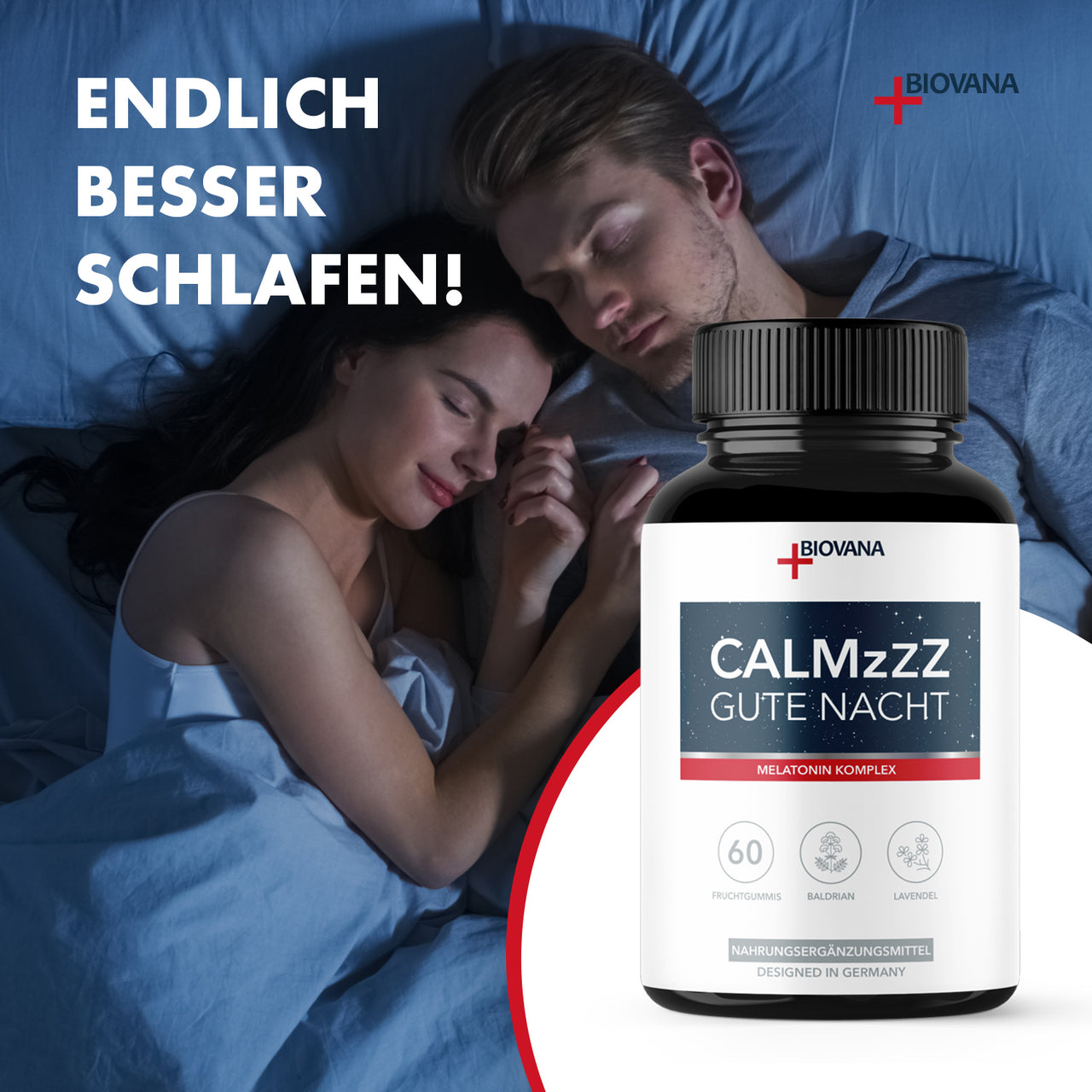 Schlafendes Paar im Bett neben CALMzzz Gute Nacht Dose und großem Text Endlich besser schlafen
