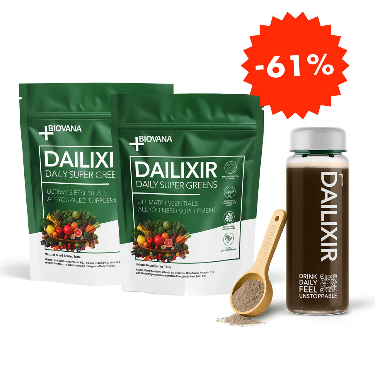 Dailixir Daily Super Greens mit zwei Beuteln, Flasche, Messlöffel und Hinweis auf 61 Prozent Rabatt