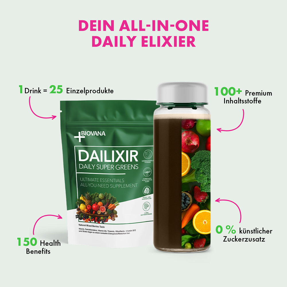 Dailixir-Flasche und Beutel mit Produktinfos zu 100+ Inhaltsstoffen und 0 % künstlicher Zuckerzusatz