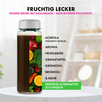 Thumbnail for Dailixir-Flasche mit Fruchtmotiv und Liste ausgewählter Zutaten als Alternative zu Kapseln