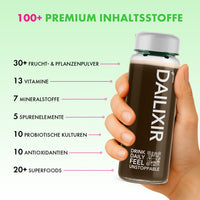 Thumbnail for Dailixir-Flasche in Hand vor Infografik zu 100+ Premium-Inhaltsstoffen wie Vitaminen und Probiotika