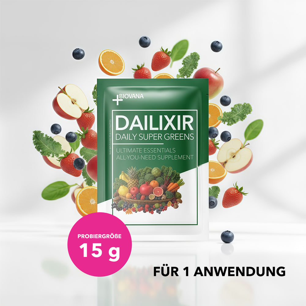 Dailixir-Testpackung mit 15 g vor Früchten und Blattgemüse für eine einmalige Anwendung