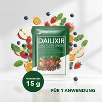 Thumbnail for Beutel Biovana Dailixir Daily Super Greens 15 g umgeben von Obst und Gemüse