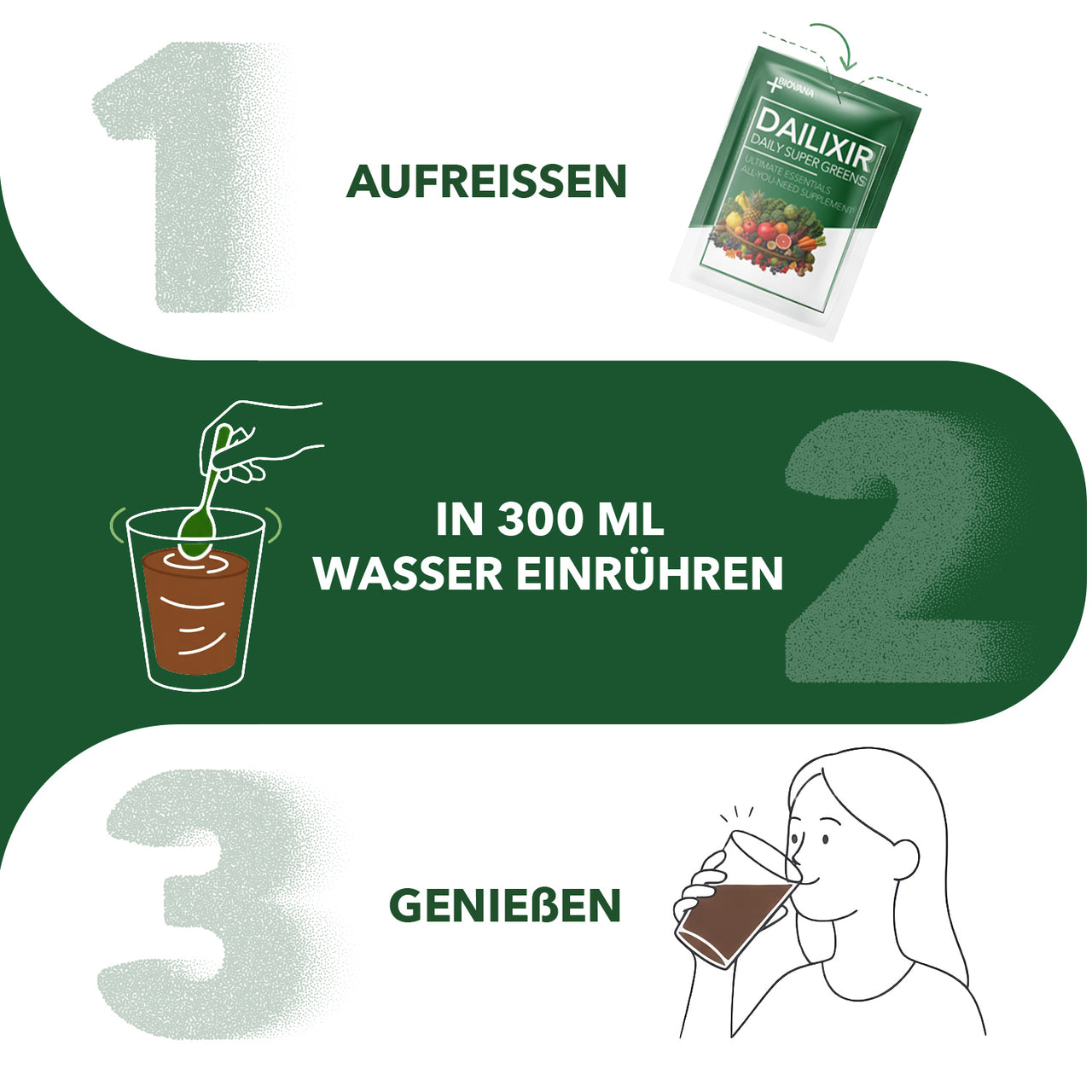 Grafik mit Dailixir-Beutel, Glas mit Drink und Frau mit Glas, Text zur Zubereitung in 300 ml Wasser
