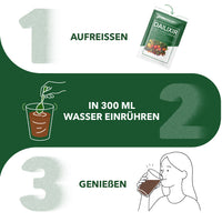 Thumbnail for Grafik mit Dailixir-Beutel, Glas mit Drink und Frau mit Glas, Text zur Zubereitung in 300 ml Wasser