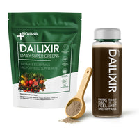 Thumbnail for Grüner Beutel Dailixir mit Obstgrafik, Holzlöffel mit Pulver und transparente Flasche mit Shake