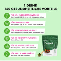 Thumbnail for Infografik zu 150 gesundheitlichen Vorteilen von Dailixir mit Produktbeutel und sechs Funktionsbereichen