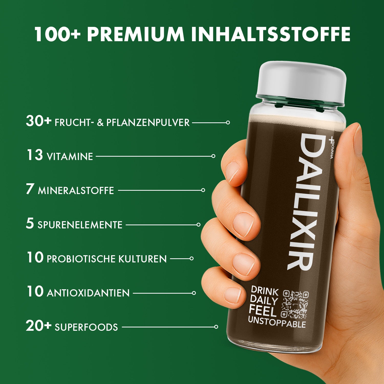 Hand hält Flasche mit braunem Getränk und Schrift Dailixir vor grünem Hintergrund