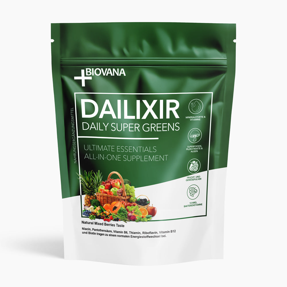 Nahrungsergänzungsmittel Dailixir im grünen Standbeutel mit Superfoods und Beerenabbildung