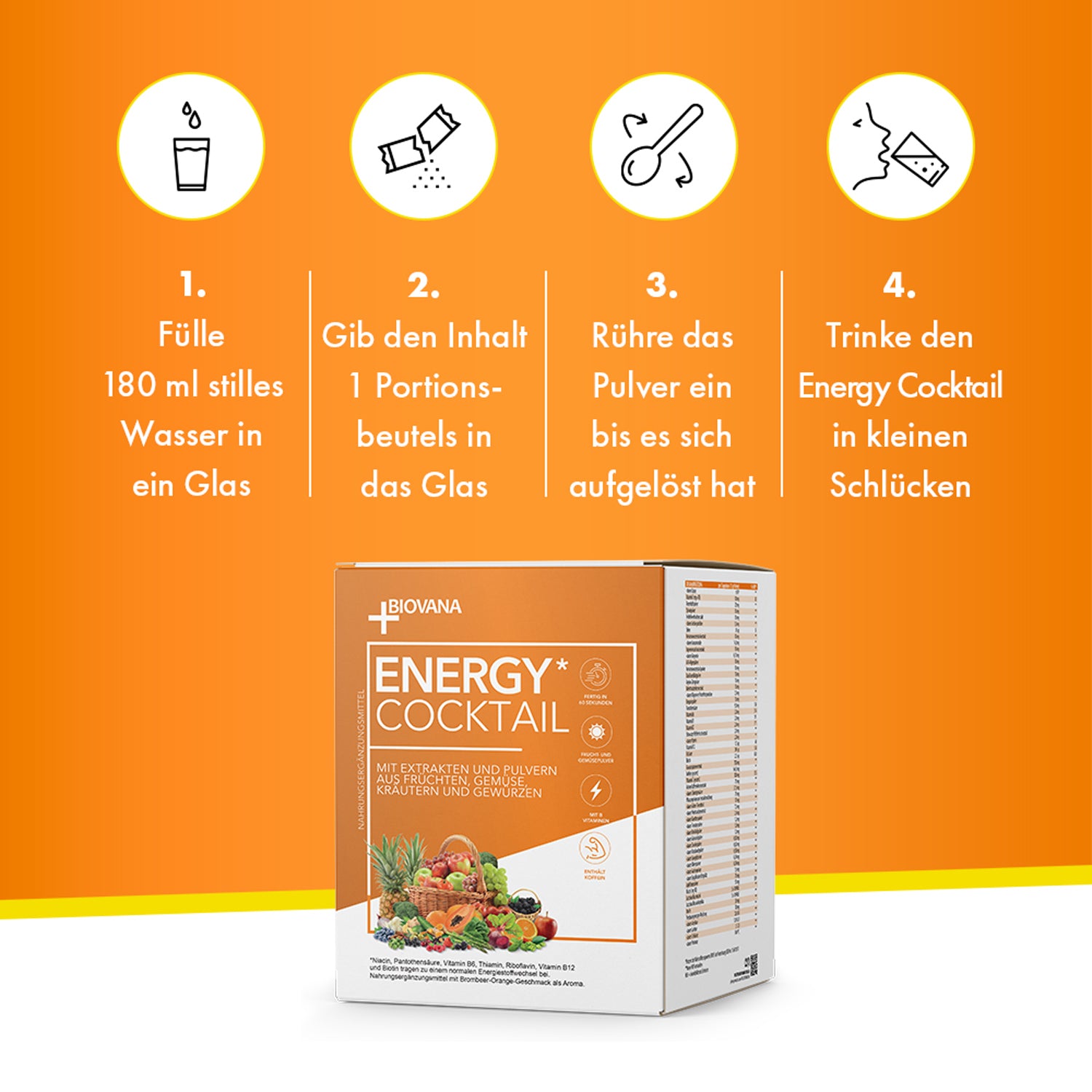 Schrittanleitung Energy Cocktail mit vier Icons Wasser Pulver einrühren trinken