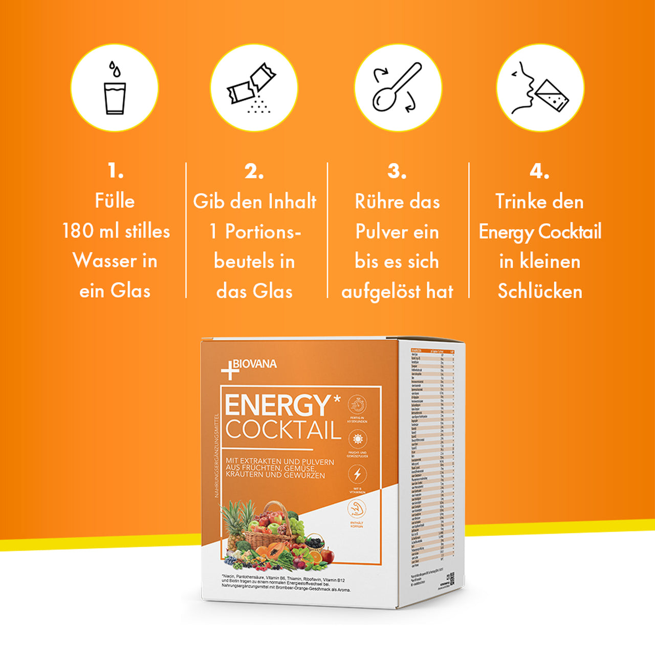Schrittanleitung Energy Cocktail mit vier Icons Wasser Pulver einrühren trinken