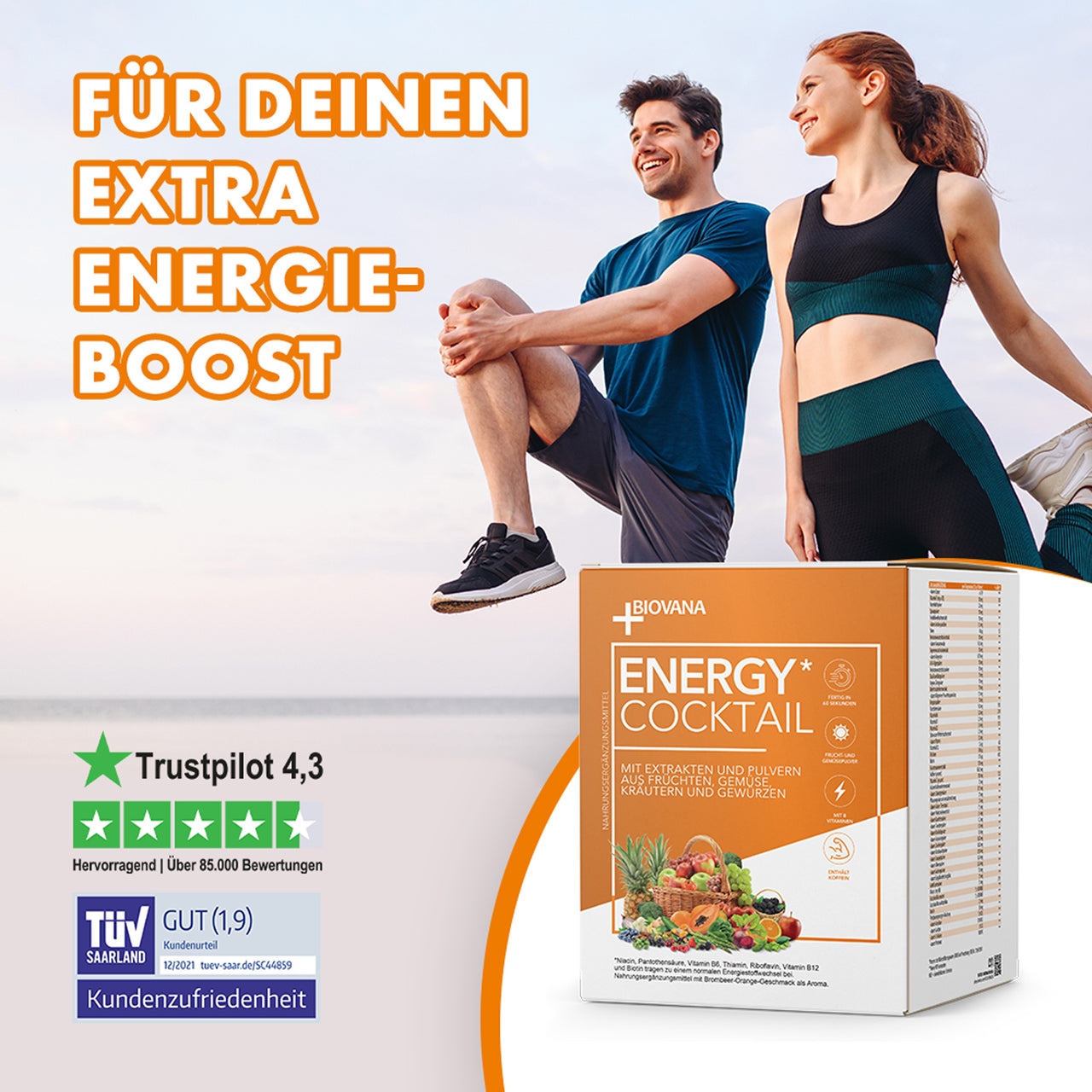 Sportliches Paar neben Produktbox Biovana Energy Cocktail mit Text Extra Energie Boost