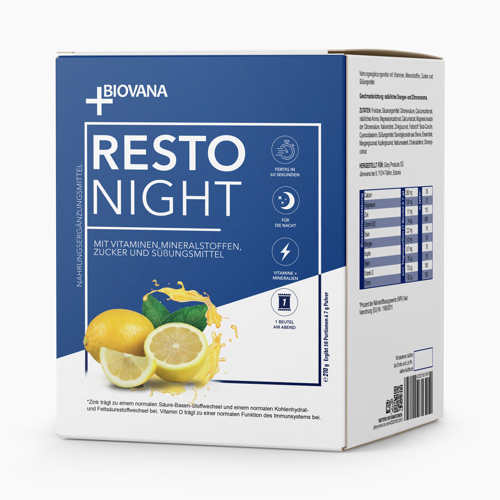 Verpackung mit Schriftzug RESTO NIGHT mit Vitaminen, Mineralstoffen, Zucker und Süßungsmittel