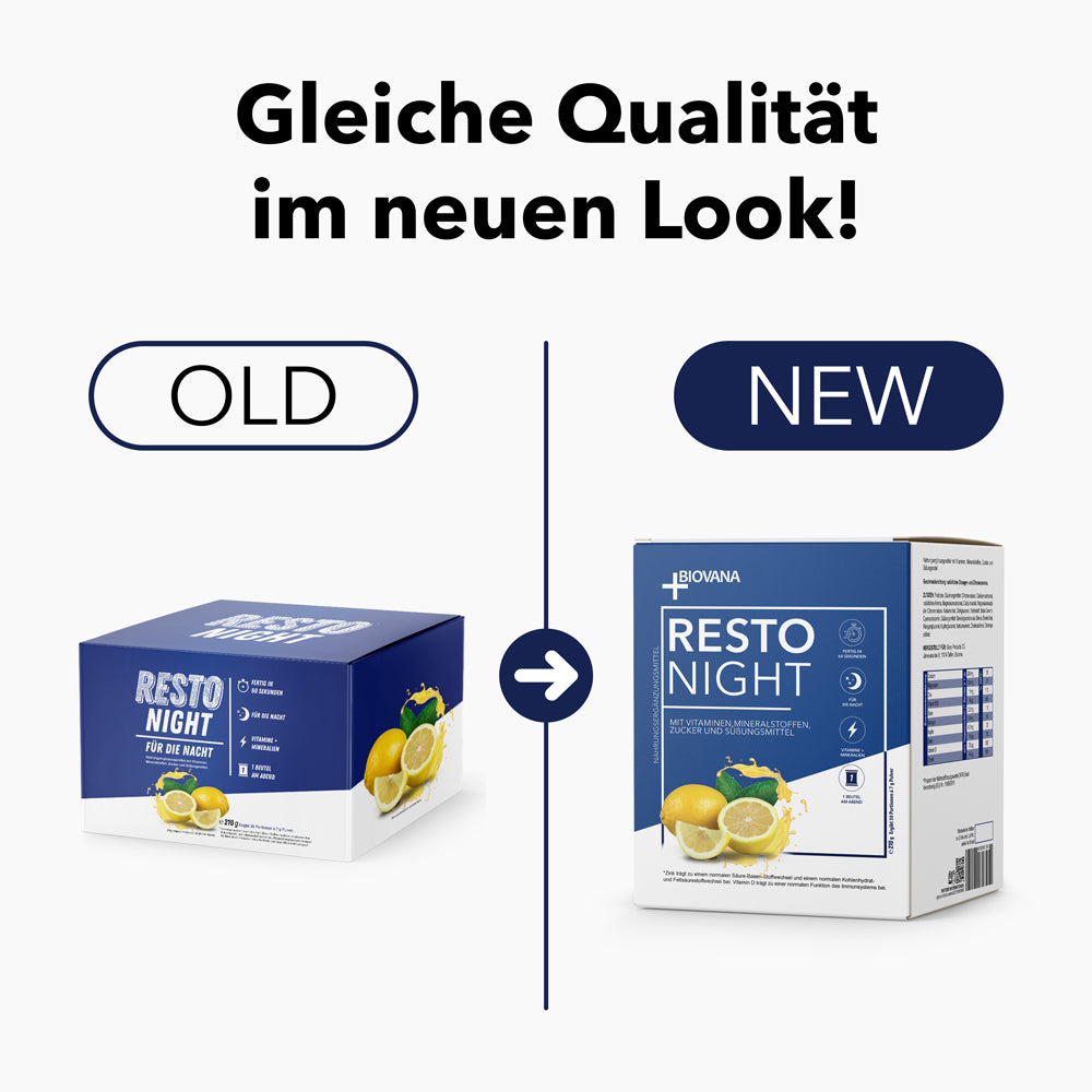RESTO NIGHT Verpackung alt und neu im Vergleich mit Beschriftung Gleiche Qualität im neuen Look