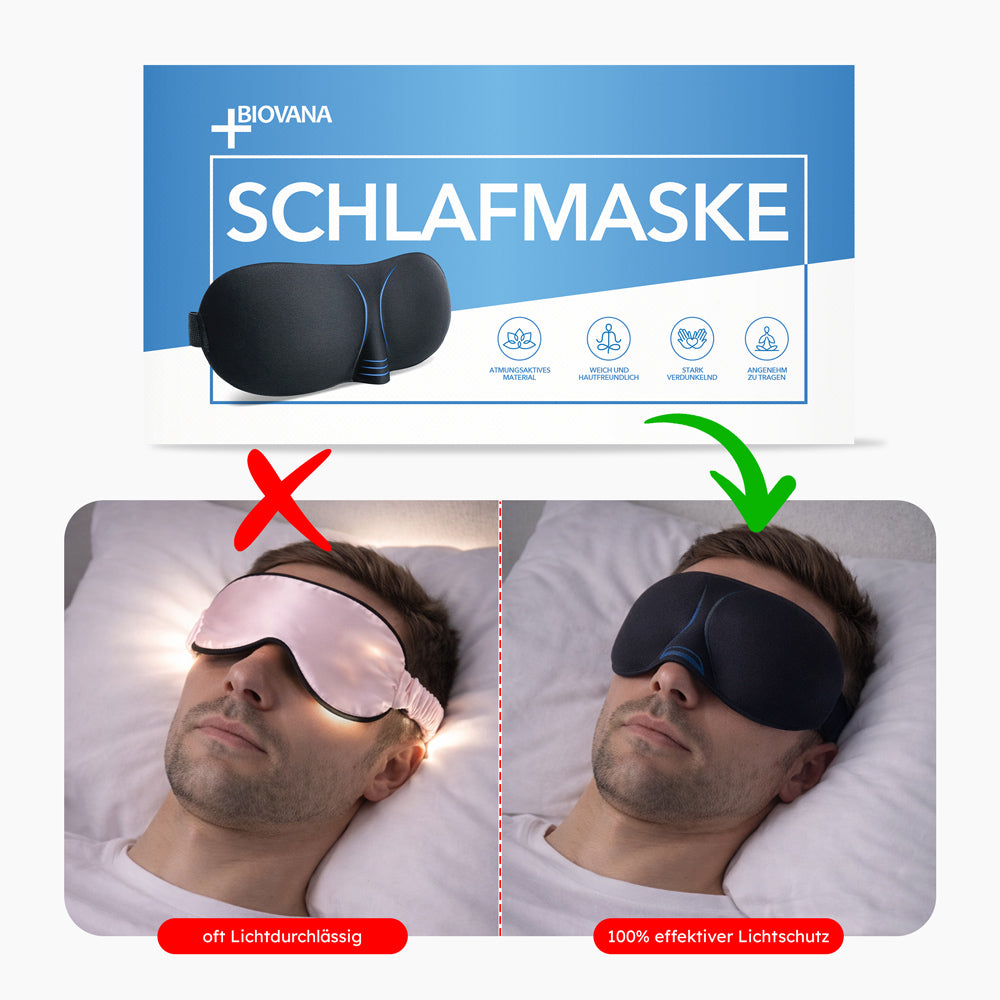 Verpackung Schlafmaske, Vergleich zweier Personen mit Schlafmasken, links rotes X, rechts grüner Haken