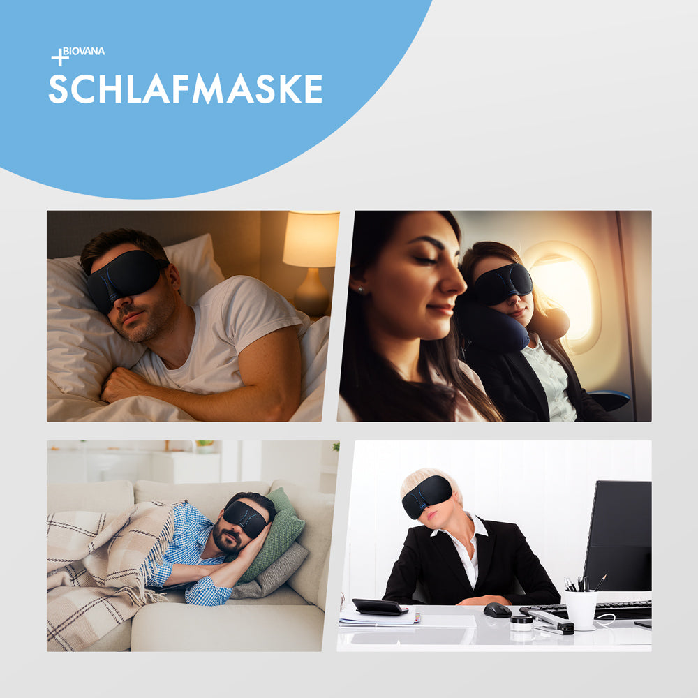 Vier Fotos zeigen Personen mit Schlafmaske beim Liegen im Bett, im Flugzeug, auf Sofa und am Schreibtisch