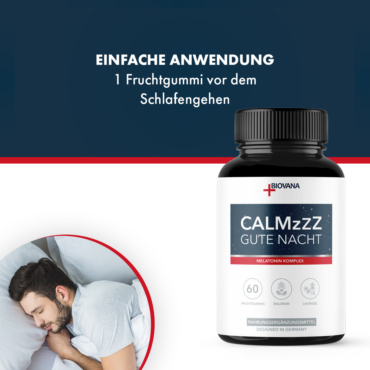 Dose CALMzzz Gute Nacht mit Anwendungstext, 60-Fruchtgummis-Hinweis und schlafendem Mann im Bett