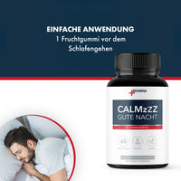 Thumbnail for Dose CALMzzz Gute Nacht mit Anwendungstext, 60-Fruchtgummis-Hinweis und schlafendem Mann im Bett