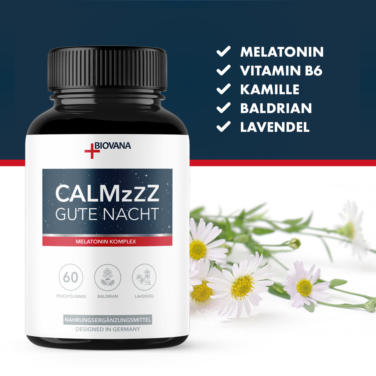 Schwarze Dose CALMzzz Gute Nacht mit Zutatenliste, Kamillenblüten und dunkelblauem Hintergrund