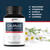 Thumbnail for Schwarze Dose CALMzzz Gute Nacht mit Zutatenliste, Kamillenblüten und dunkelblauem Hintergrund