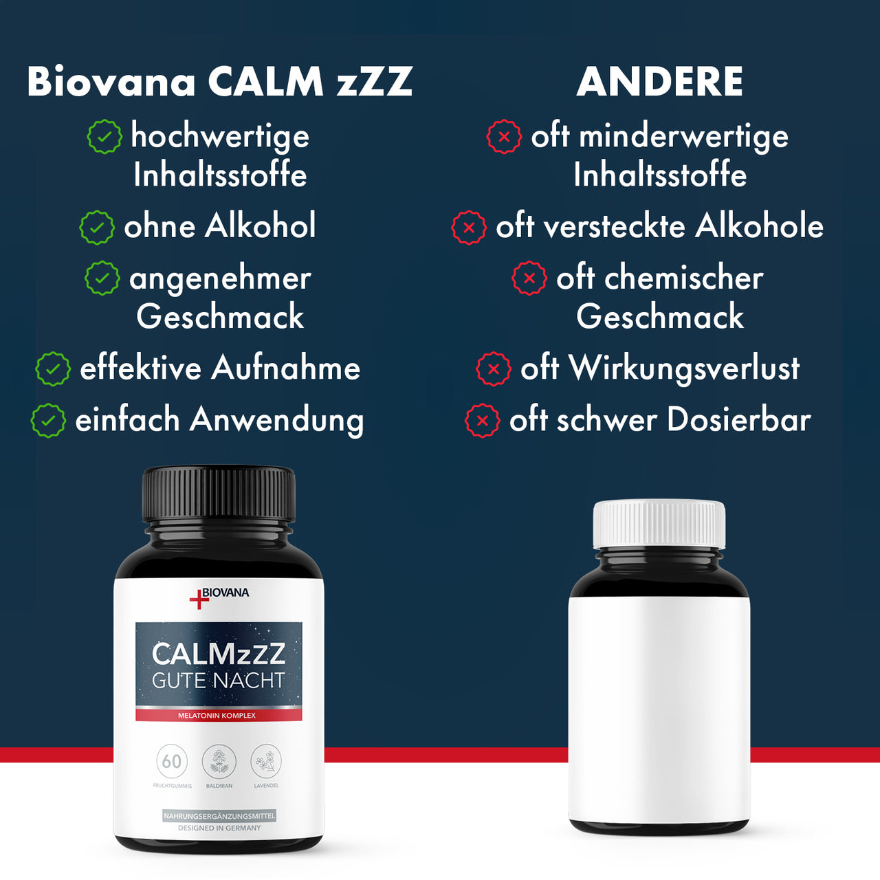 Biovana CALM zZZ Dose wird neutraler Dose mit Vorteilen, Nachteilen und Symbolen gegenübergestellt