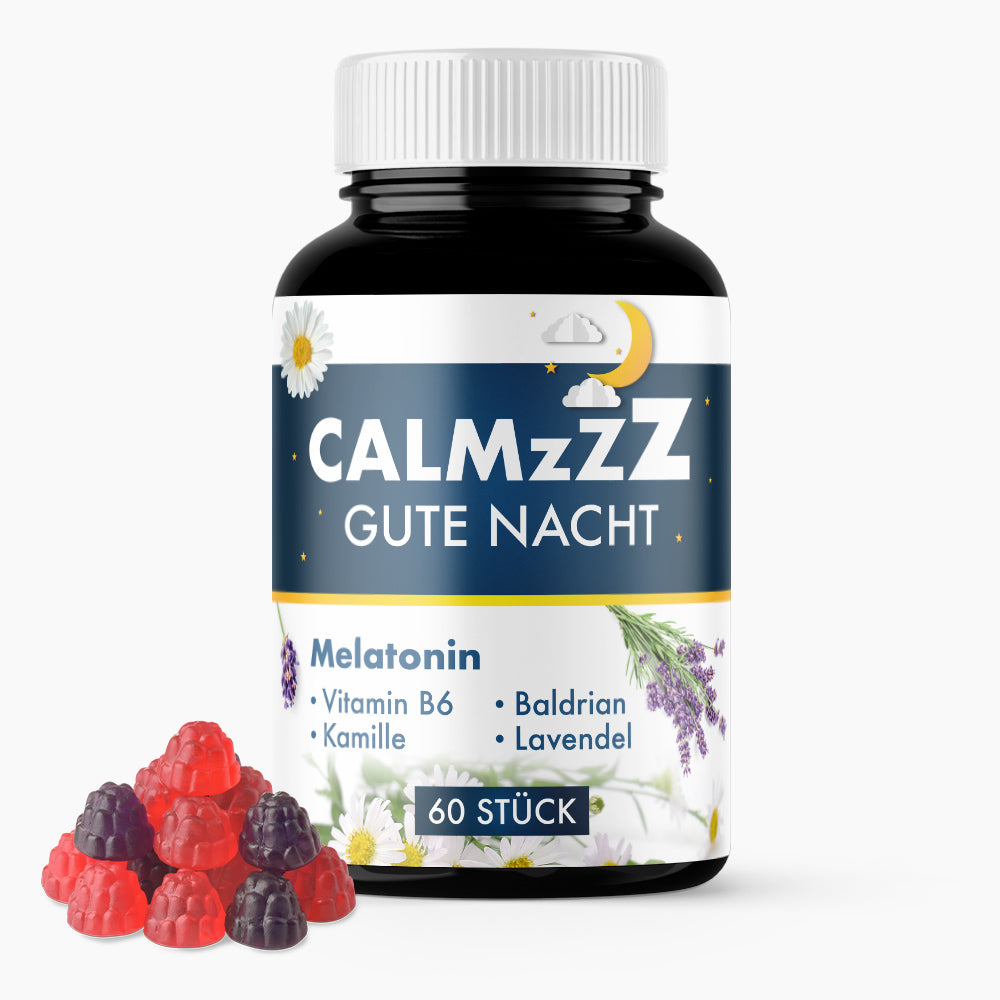 Schwarze Kunststoffdose CALMzZZ GUTE NACHT mit 60 Stück und roten sowie lilafarbenen Gummis