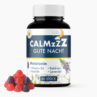 Thumbnail for Schwarze Kunststoffdose CALMzZZ GUTE NACHT mit 60 Stück und roten sowie lilafarbenen Gummis