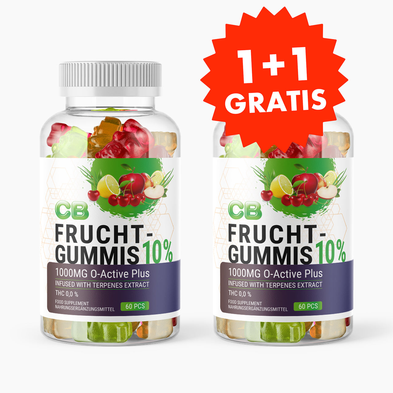 Zwei Dosen CB Fruchtgummis 10% mit Fruchtmotiven, 60-Pcs-Hinweis und 1+1-Gratis-Siegel