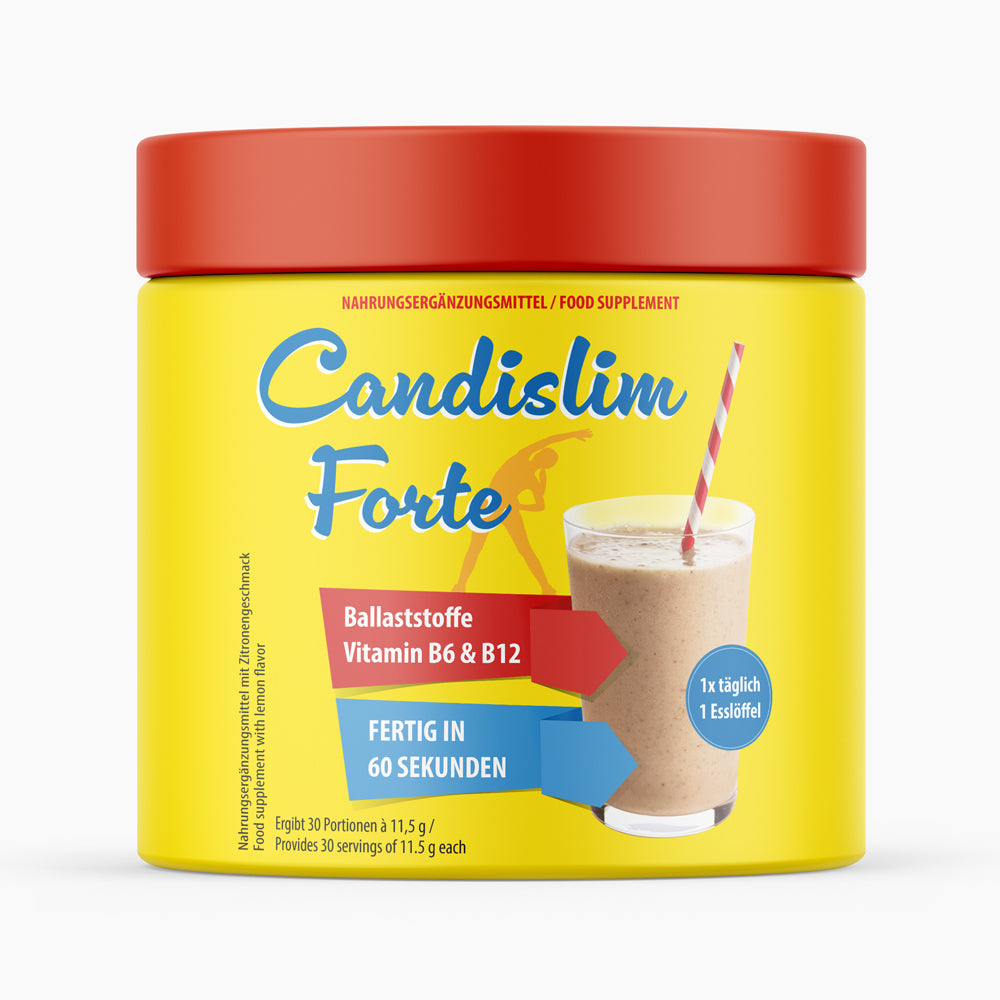 Gelbe Kunststoffdose mit rotem Deckel Candislim Forte Shakeglas und 30 Portionen à 11,5 g