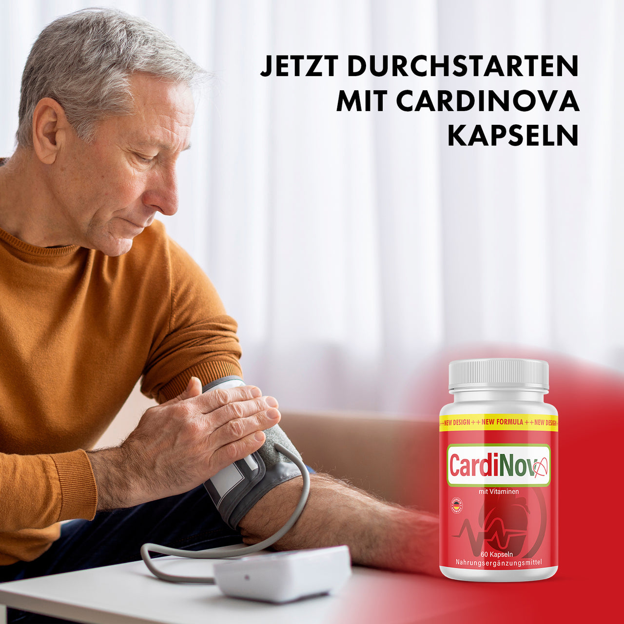Mann misst Blutdruck, daneben CardioNova Kapseln und Text Jetzt durchstarten