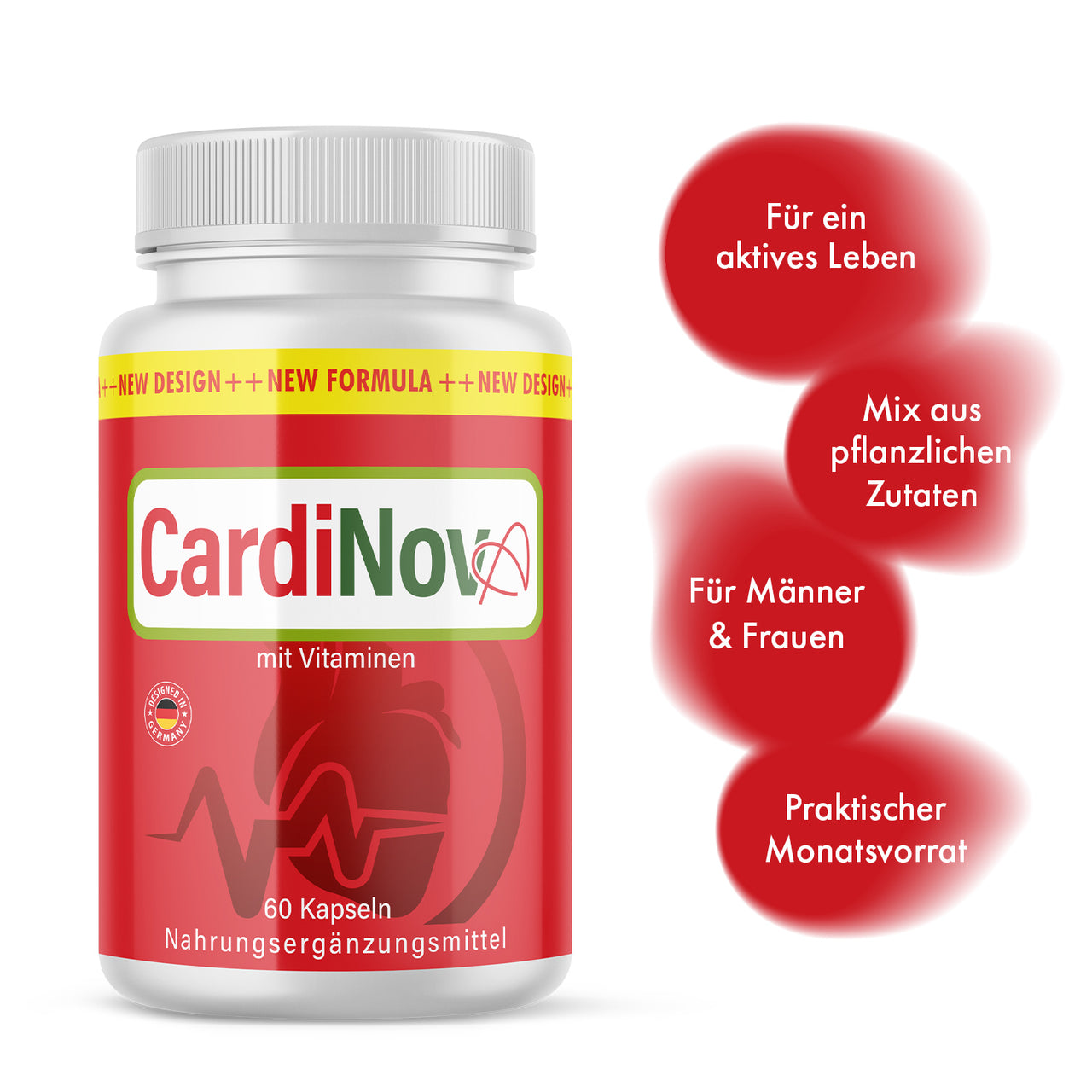 Flasche CardioNova mit Vitaminen, 60 Kapseln, rote Grafiken mit Produktinformationen