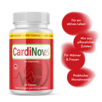 Thumbnail for Flasche CardioNova mit Vitaminen, 60 Kapseln, rote Grafiken mit Produktinformationen