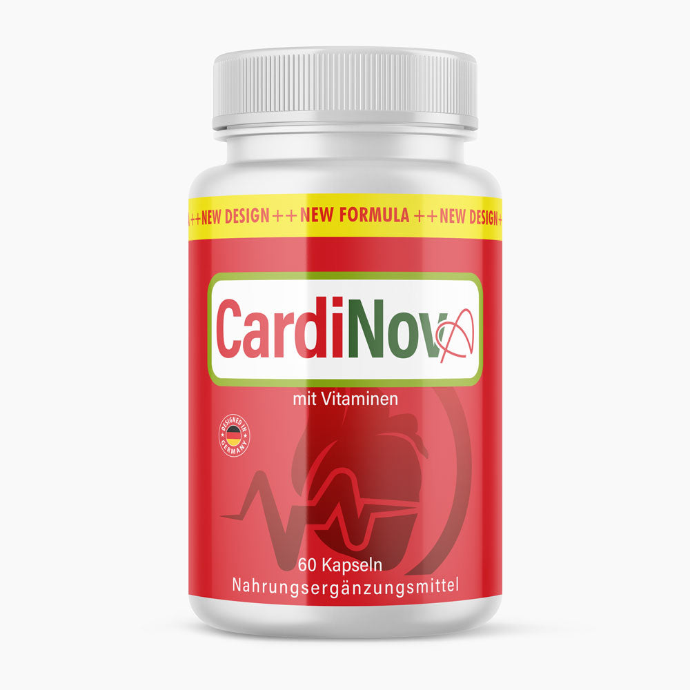 Nahrungsergänzungsmittel CardioNova, 60 Kapseln, rote Verpackung mit Herzgrafik